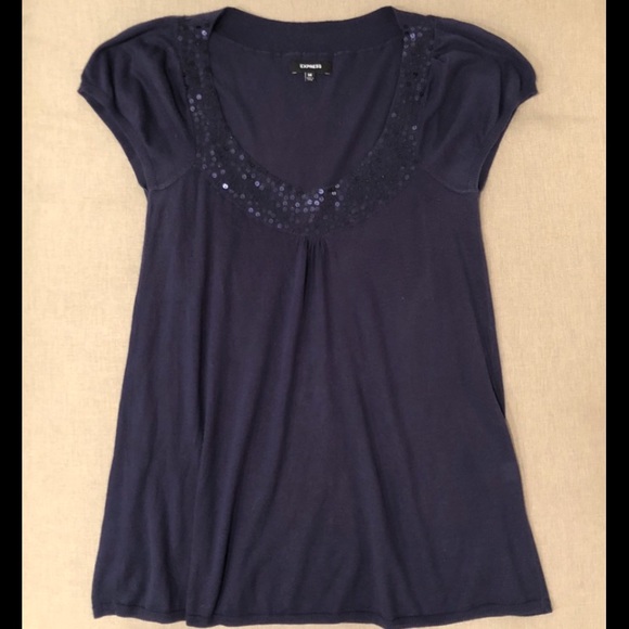 Express - Navy Short-Sleeve Top with Sequence - Picture 1 of 6